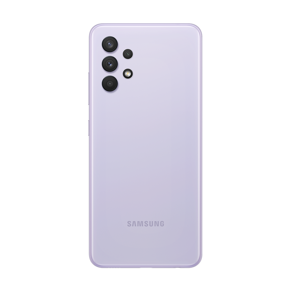 Siyah zemin üzerinde kameraları ve logosu bulunan mor Samsung telefon arkası.