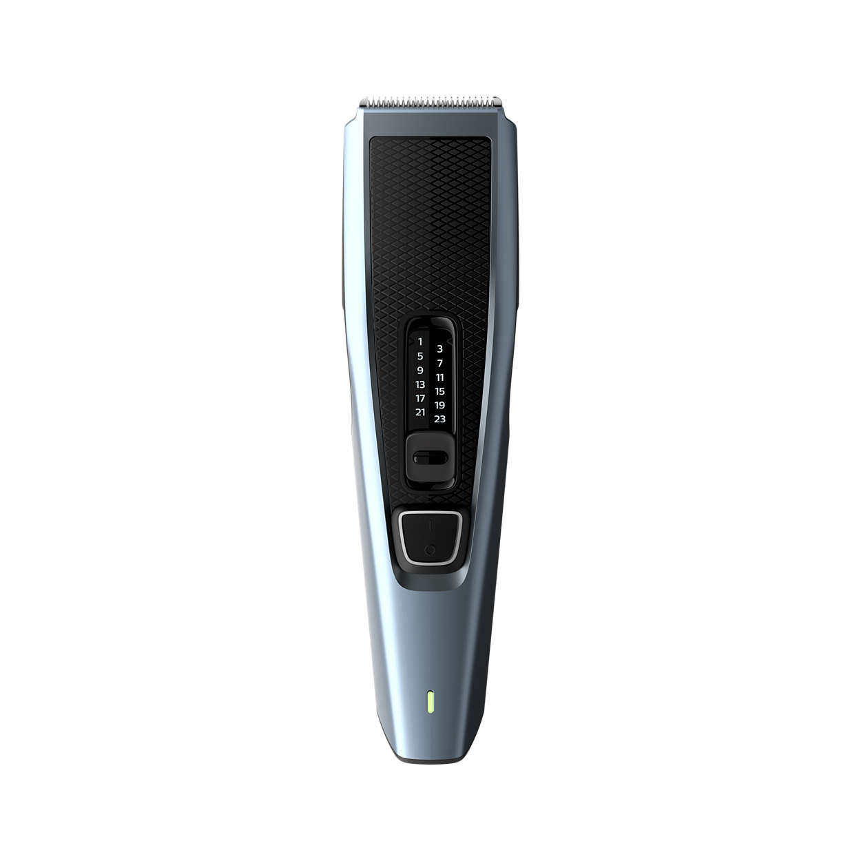 A blue and black Philips hair clipper with various length settings.