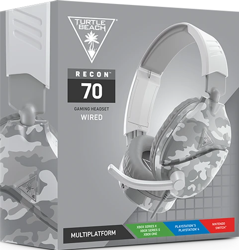 Gaming-Headset-Box, weißes und graues Tarnmuster, mit Multiplattform-Etiketten.