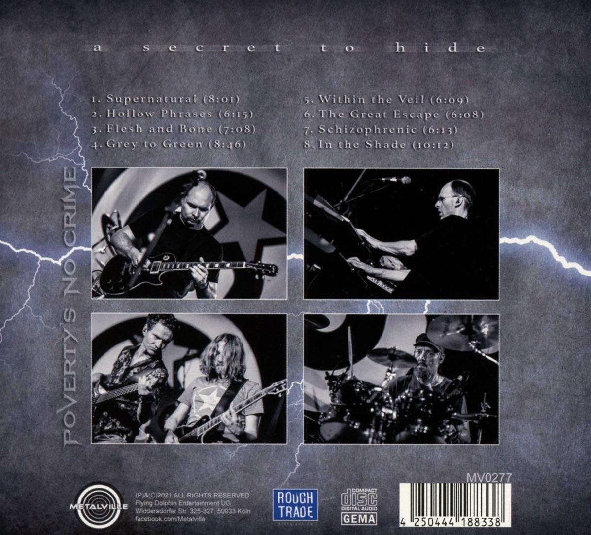 CD-Cover mit Bandmitgliedern. Der Titel lautet 'a secret to hide'. Die Trackliste des Albums ist sichtbar.
