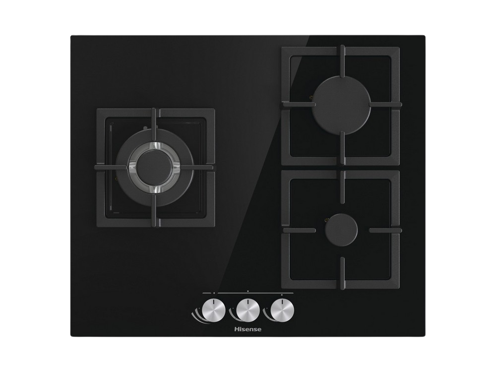 Hisense Gg633b Placa de natural 3 zonas 60 cm parrilla hierro fundido y cristal templado negro autoencendido integrado los mandos seguridad gasstop limpieza encimera butano quemadores 7800 gg663b 60cm 58cm