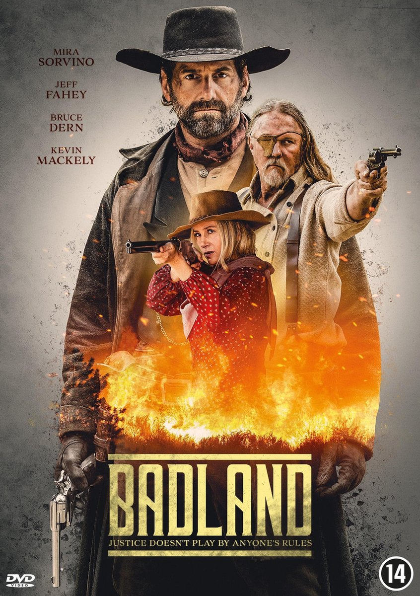 Affiche de film: cow-boys avec des armes et du feu, le titre est 'BADLAND'.