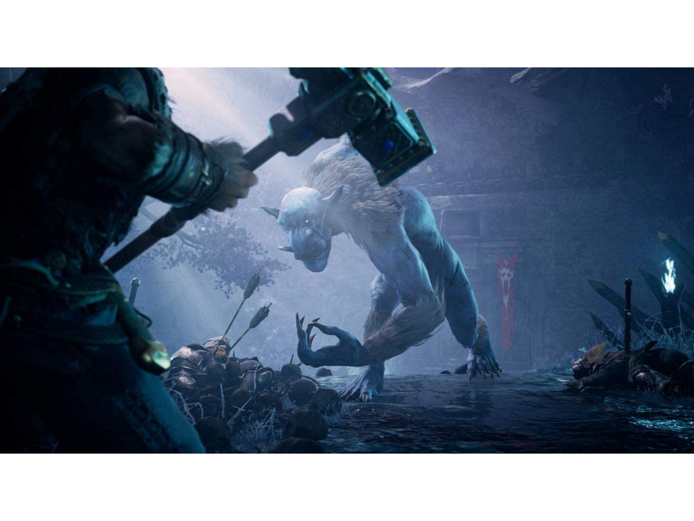 Escena de videojuego con monstruo y guerreros en un entorno de fantasía oscura.