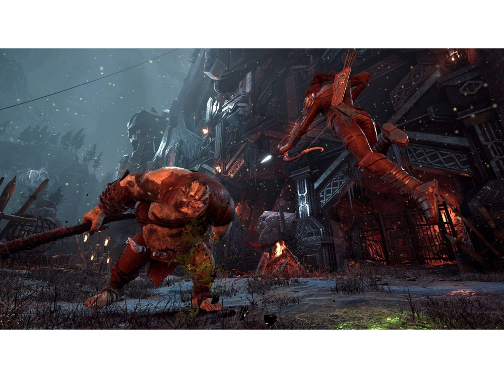 Una escena de batalla fantástica con dos personajes luchando en un entorno oscuro.
