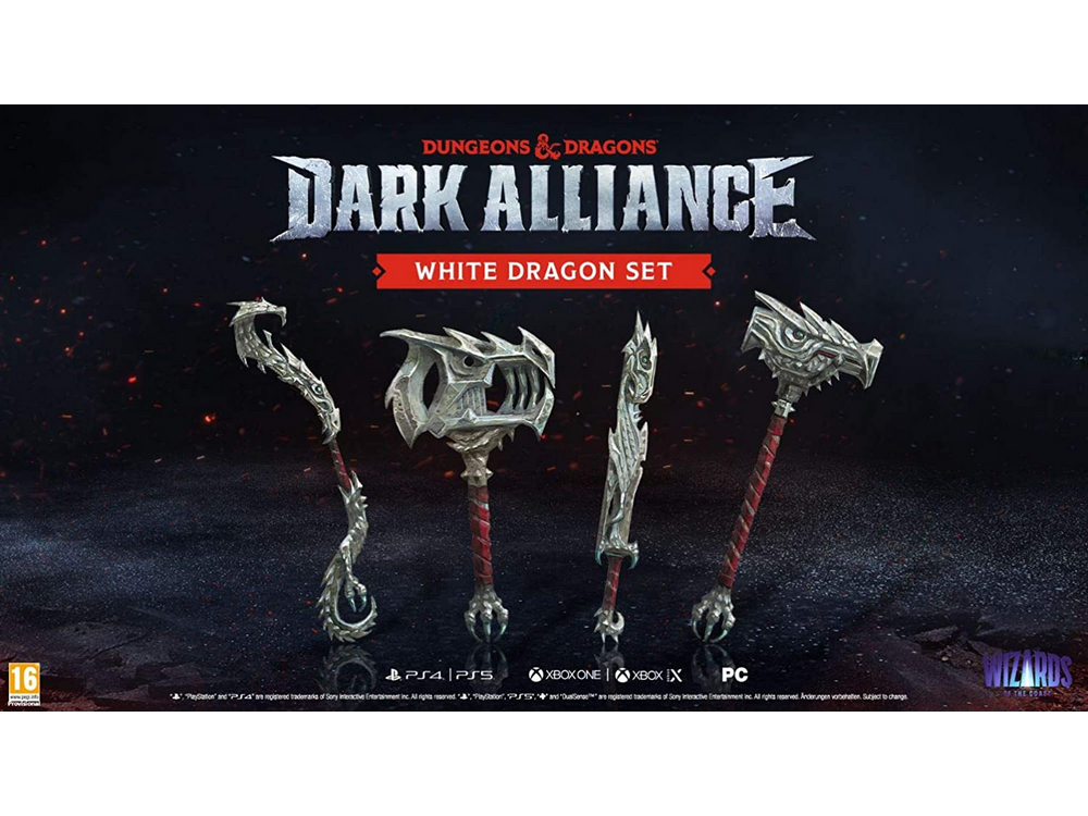 Un 'White Dragon Set' de Dungeons & Dragons Dark Alliance con cuatro armas sobre una superficie oscura.