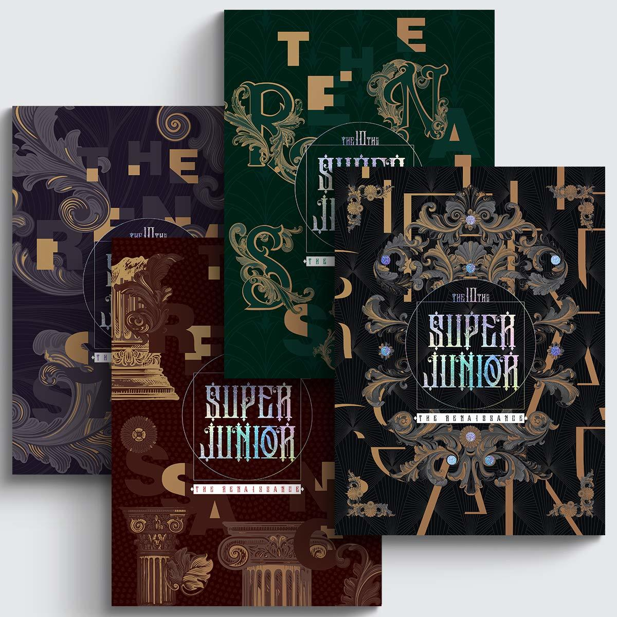 Öt album borítója díszes mintákkal és szöveggel: THE SUPER JUNIOR. A színek között arany, zöld és gesztenyebarna.