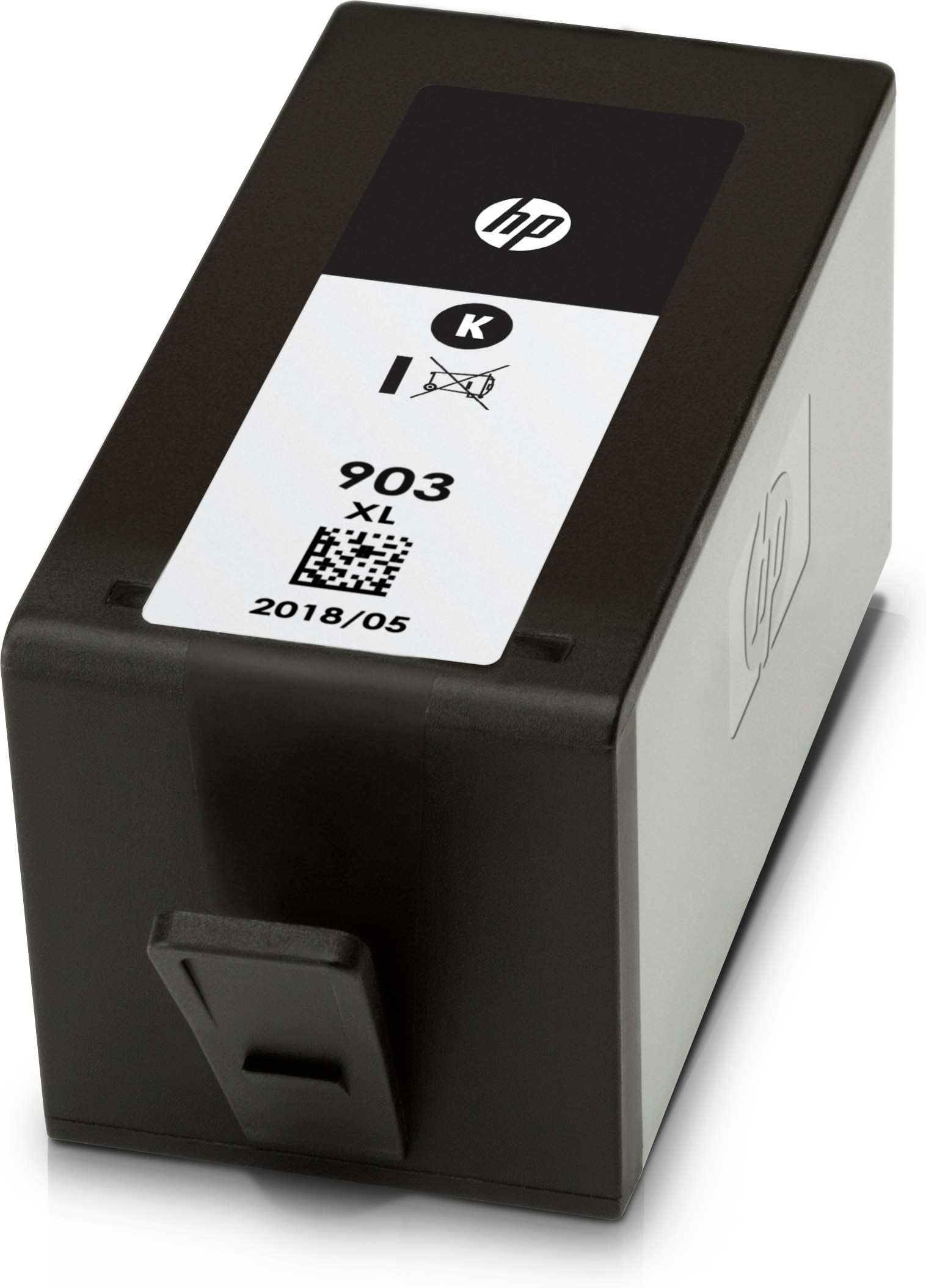 Cartucho de tinta negro HP 903 XL con etiqueta blanca y tinta negra.