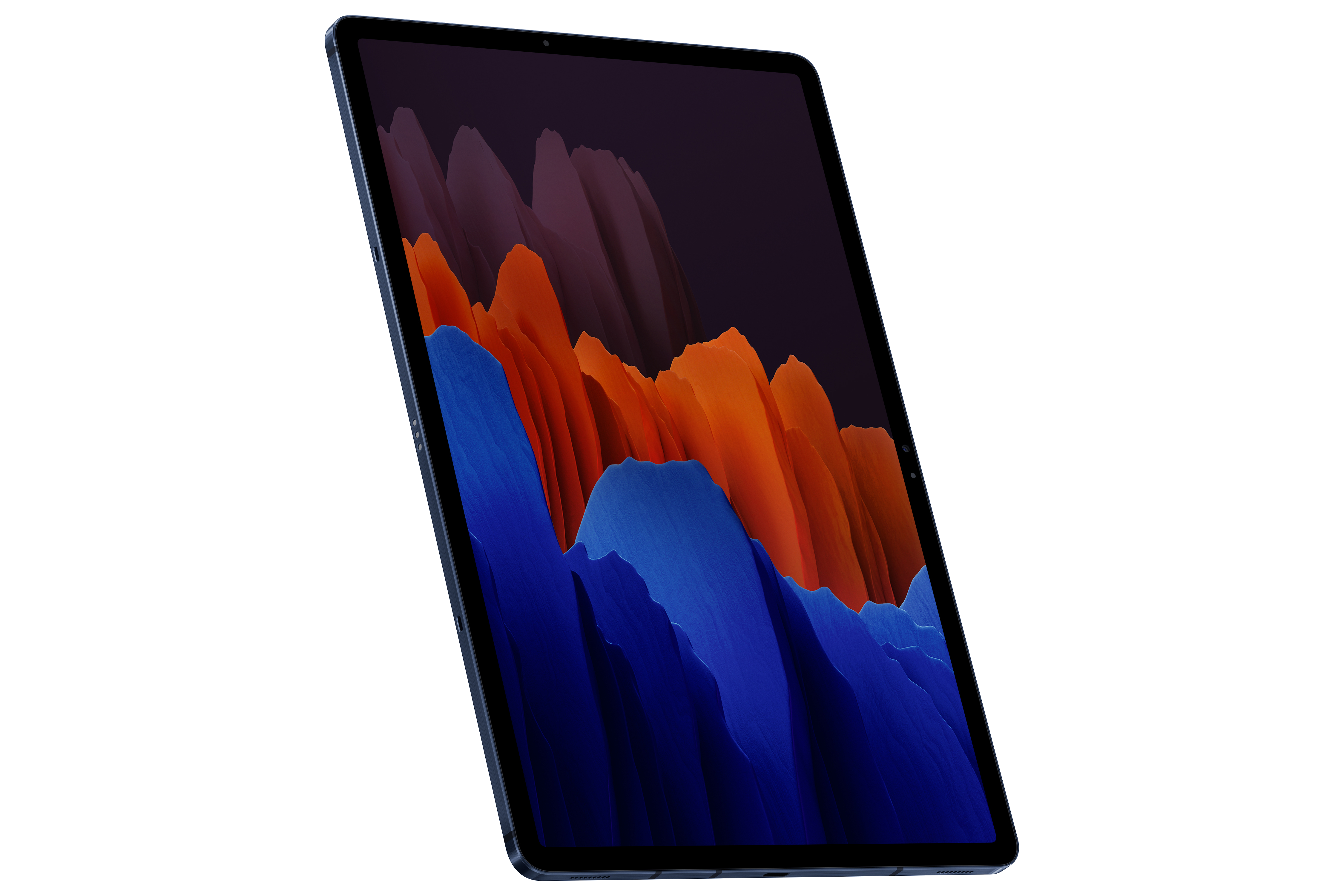 Soyut bir manzara gösteren, koyu ekranlı mavi bir tablet.