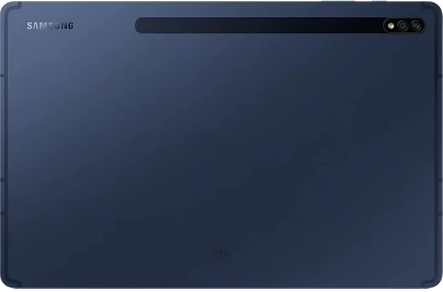Kamera ve logolu, koyu mavi bir Samsung tabletin arkası.