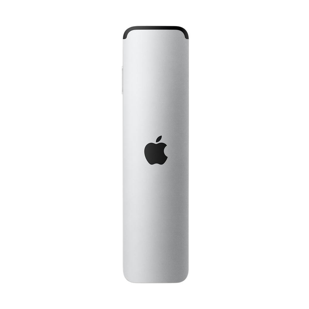 Eine weiße Apple-Fernbedienung mit schwarzem Apple-Logo.