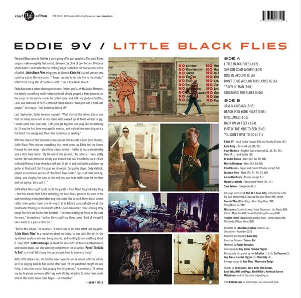 Albumcover von Eddie 9Vs Little Black Flies mit Bandmitgliedern und Titelliste.