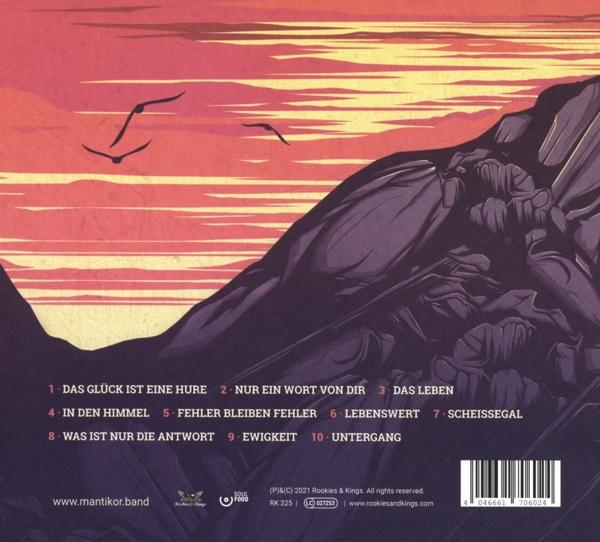 Albumcover mit rotem Himmel, Berg-Silhouetten und Text. Zwei Vögel fliegen am Himmel.