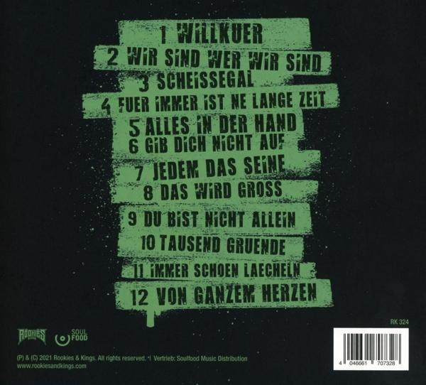 Rückseite der CD-Hülle mit Titelliste auf Deutsch. Titel in grüner Schrift.