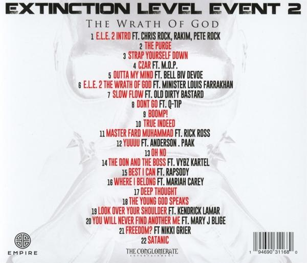 Ein CD-Cover mit Text über ein Extinction Level Event 2 Album. Ein Barcode ist sichtbar.