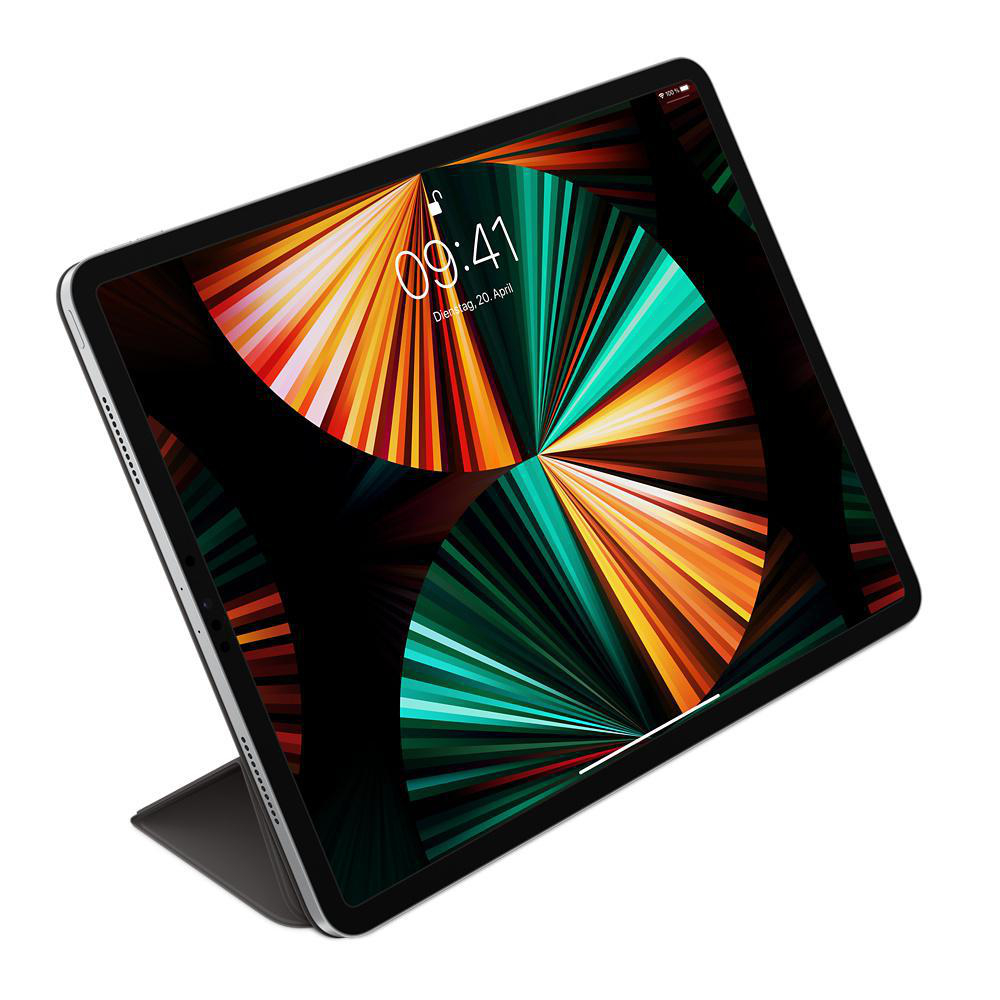 Weißes iPad mit farbenfroher Grafik auf dem Bildschirm, schräge Ansicht.