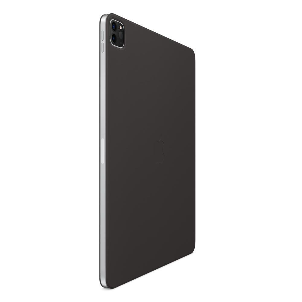 Schwarze iPad-Hülle mit silbernem Rahmen, Rückansicht, auf weißer Oberfläche.