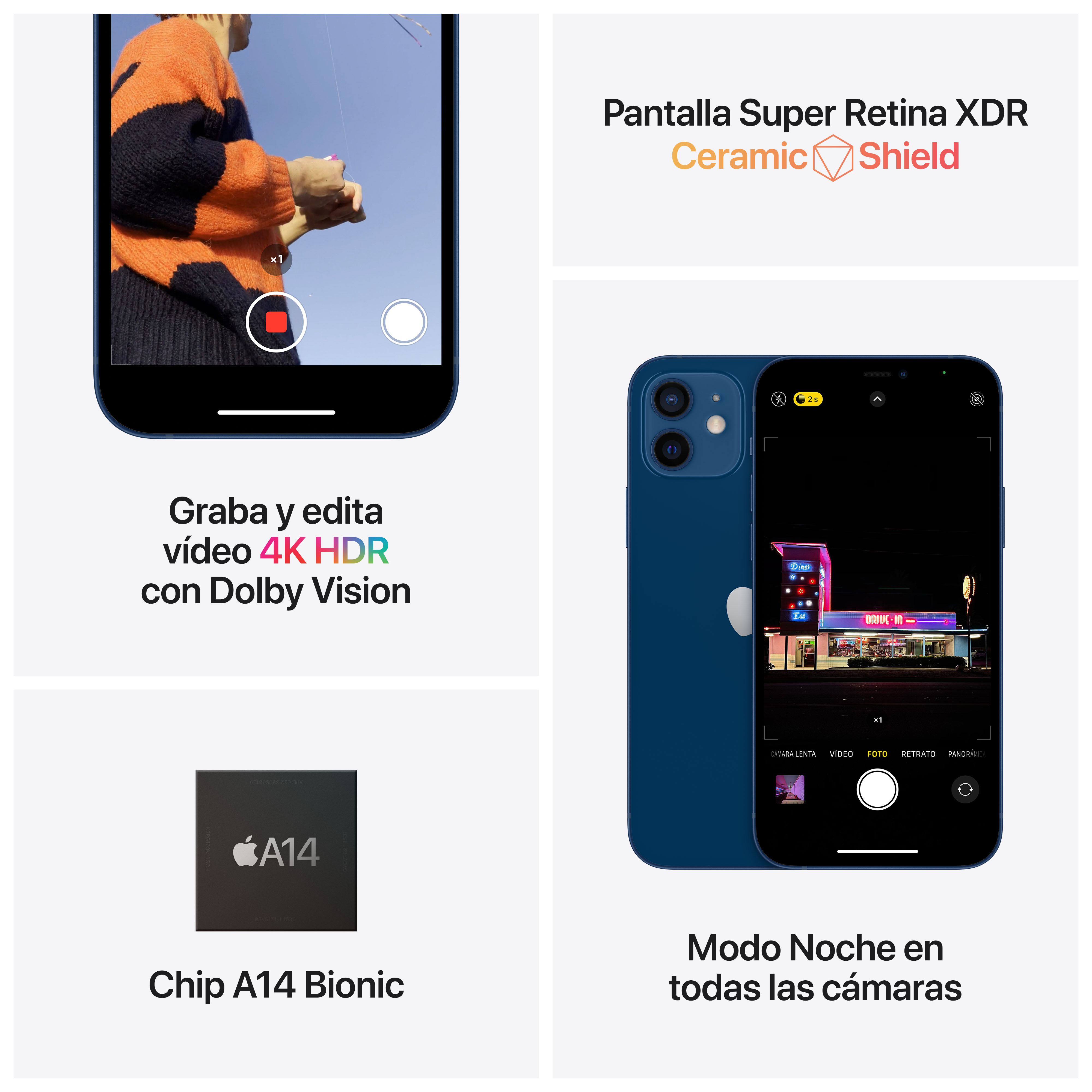 Teléfono azul muestra funciones de edición de vídeo. Texto muestra '4K HDR' y 'Chip A14 Bionic'.