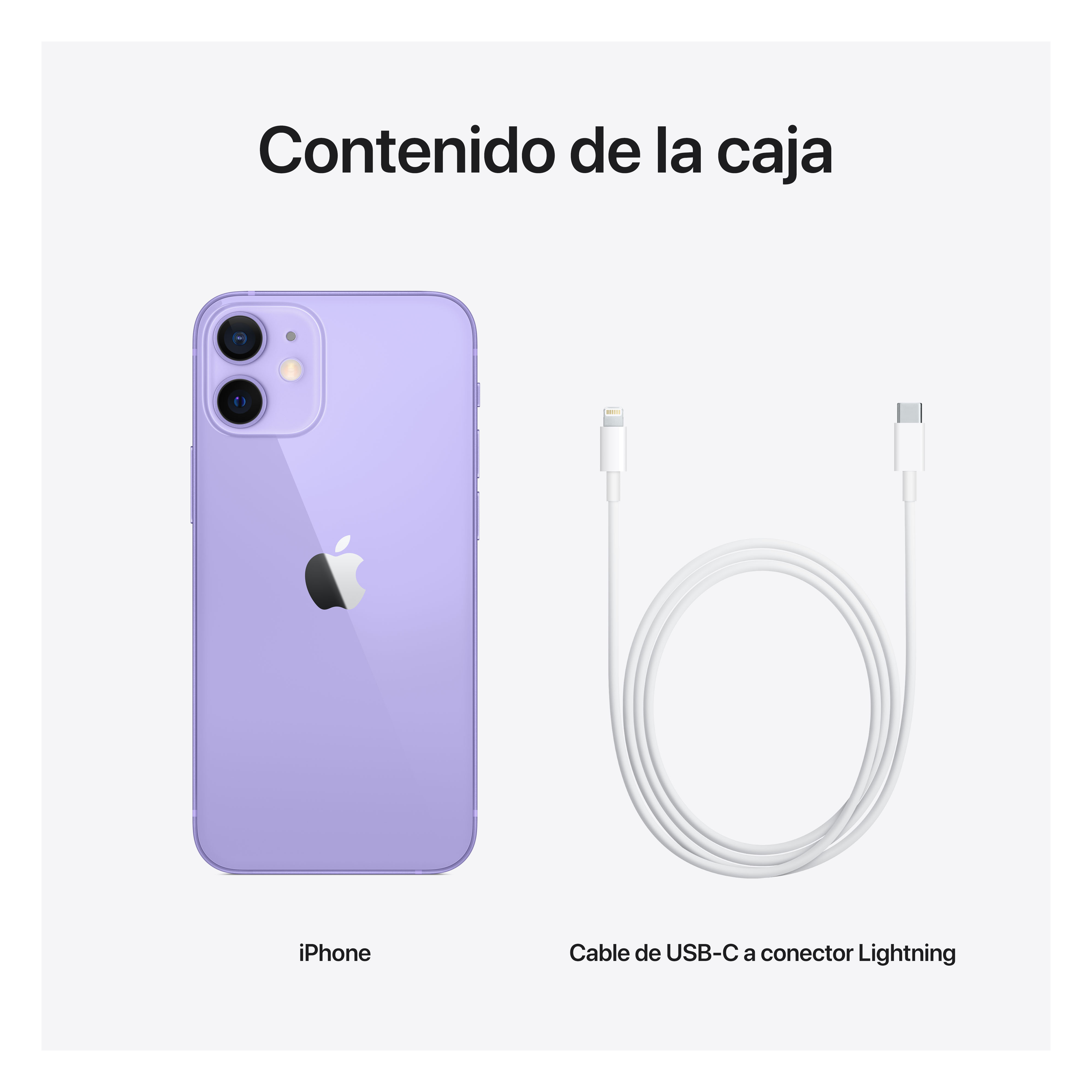 Un iPhone y un cable USB-C a Lightning, con texto: 'Contenido de la caja'.