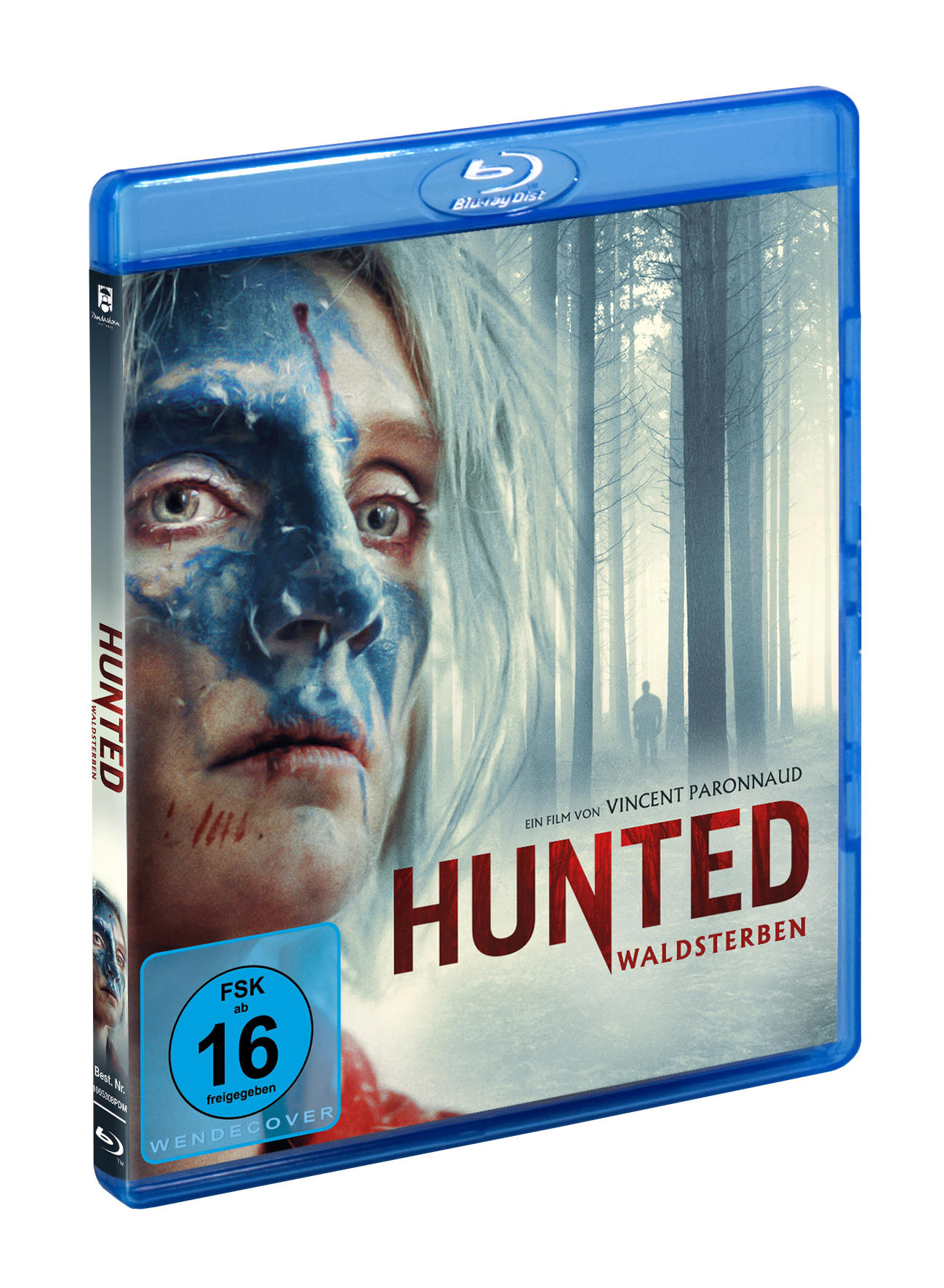 Blaue DVD-Hülle, Filmtitel, HUNTED WALDSTERBEN, Hintergrund Wald.