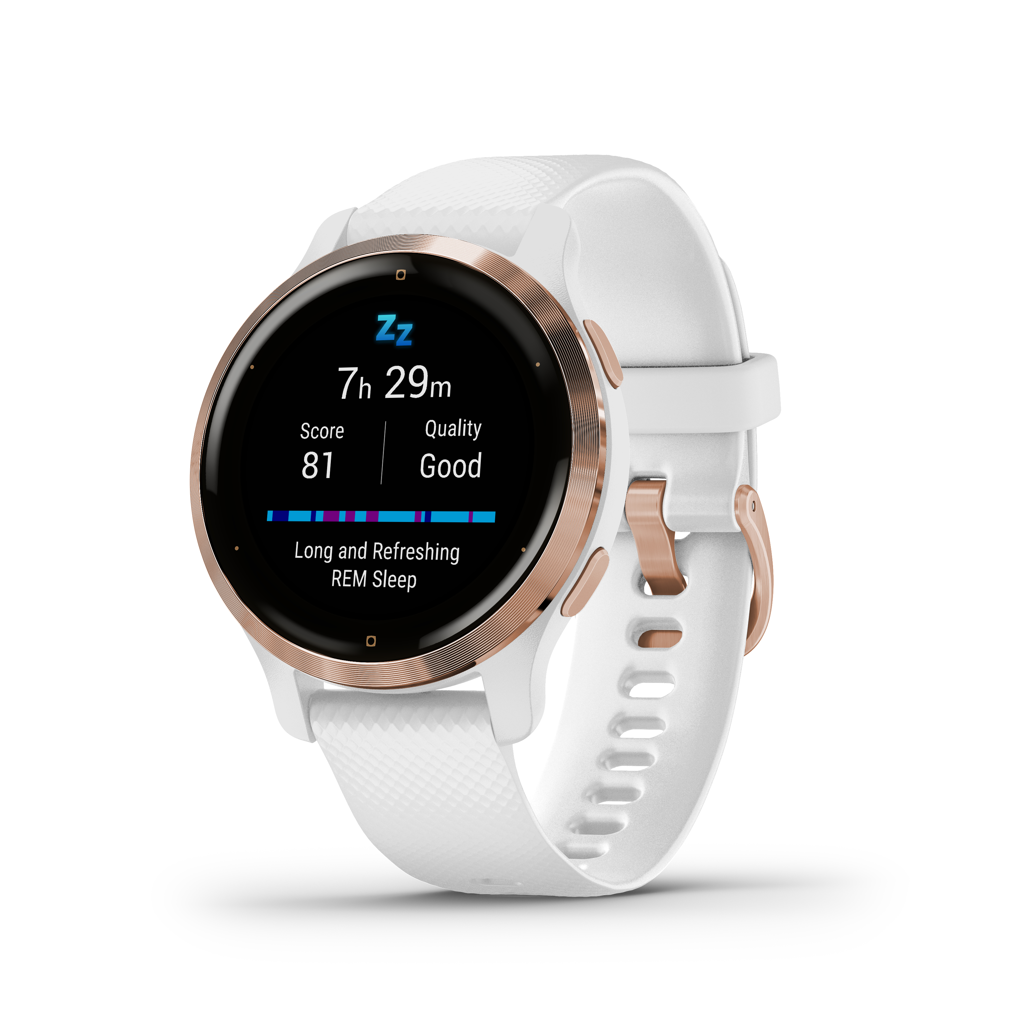 Eine weiße Smartwatch mit roségoldfarbener Lünette. Das Display zeigt Schlafinformationen.