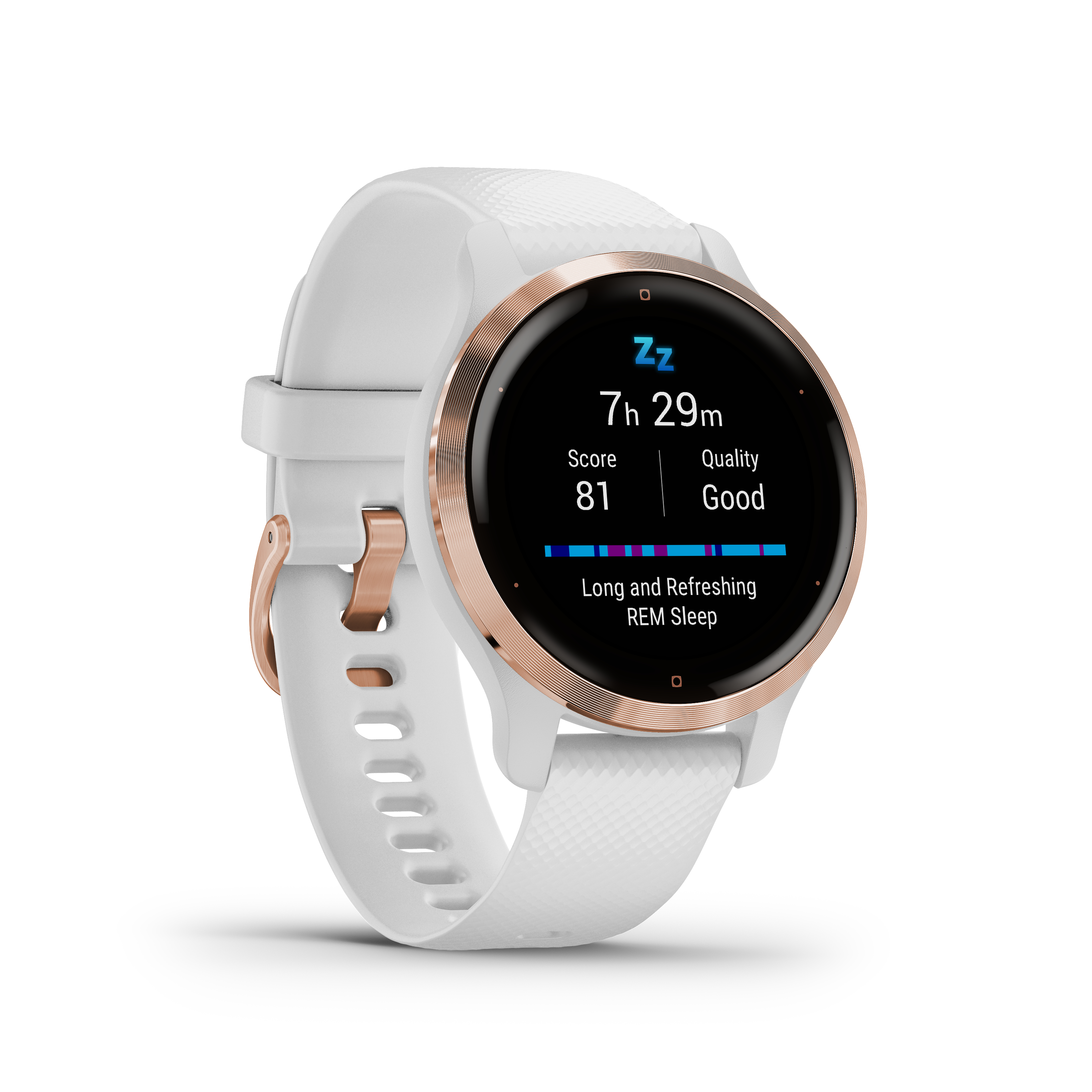 Weiße Smartwatch mit roségoldfarbenen Akzenten, die Schlafdaten anzeigt.