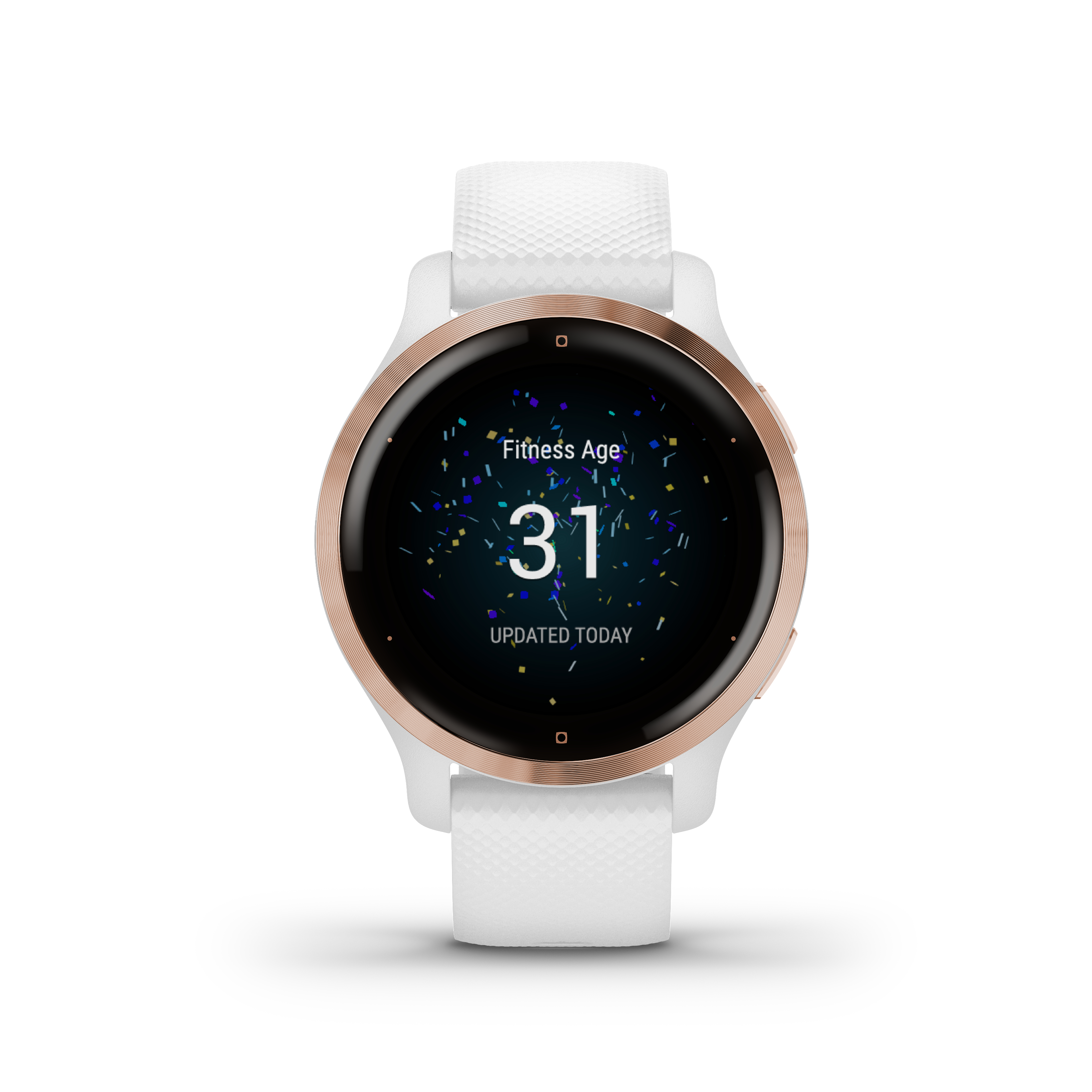 Smartwatch mit weißem Armband. Das Zifferblatt zeigt die Zahl 31 und die Worte Fitness Alter.