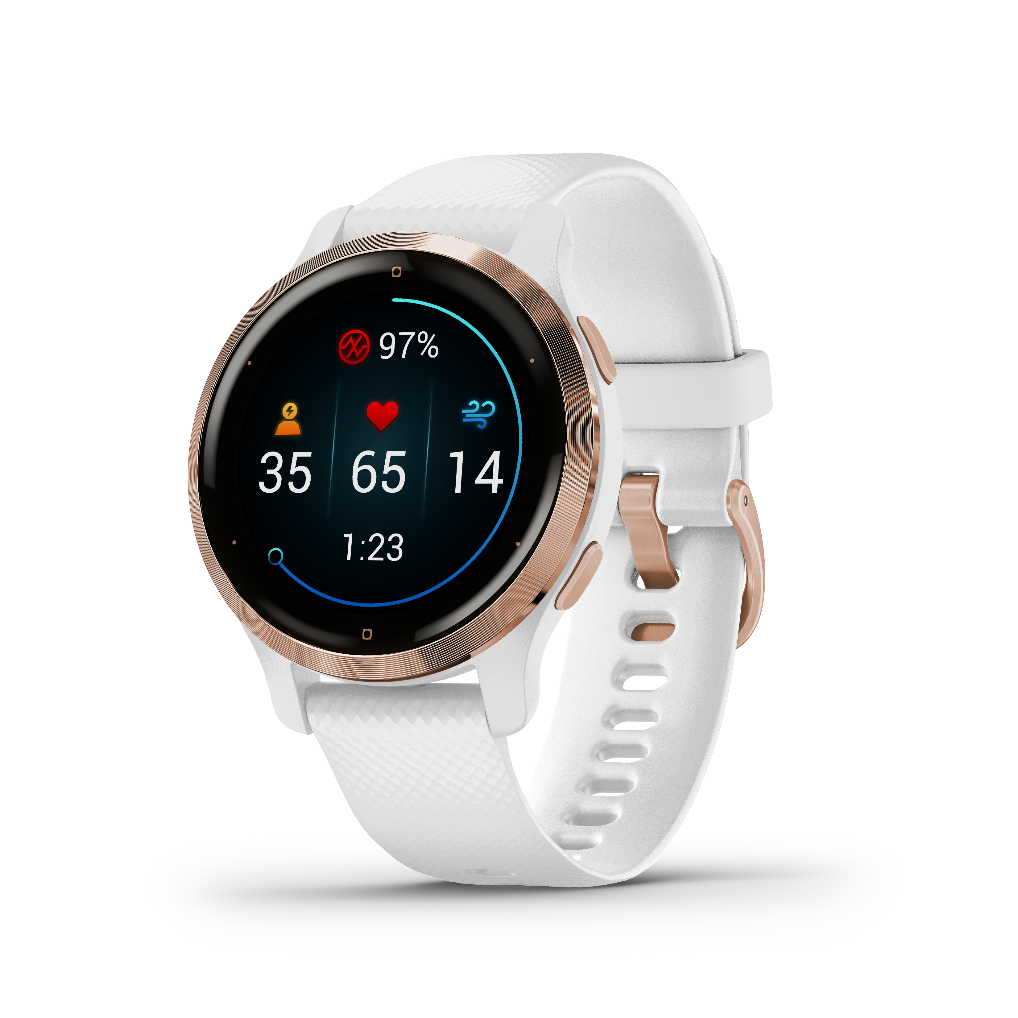 Eine weiße und roségoldene Smartwatch, die Gesundheitsmetriken auf weißem Hintergrund anzeigt.