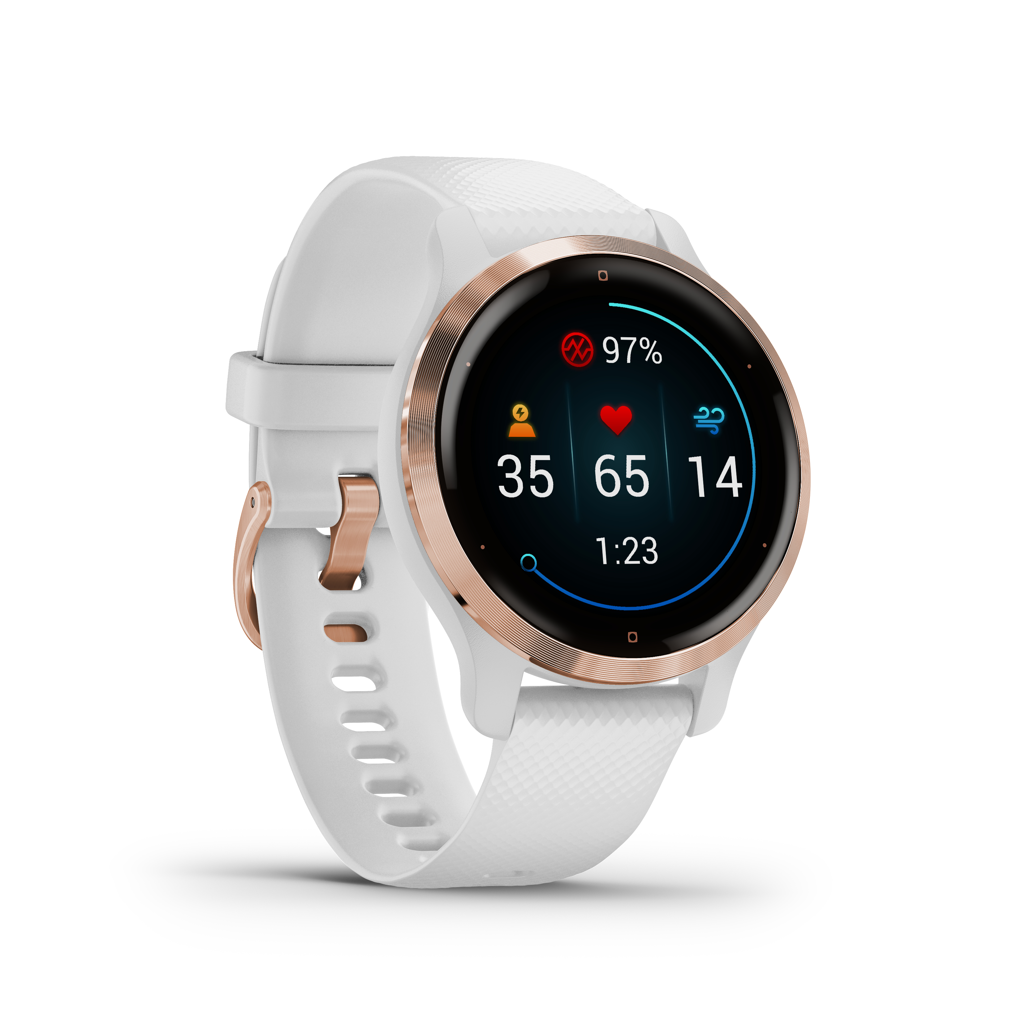 Weiße Smartwatch mit Roségoldakzenten. Zeigt Gesundheitsmetriken, Herzfrequenz, Aktivität und Uhrzeit an.