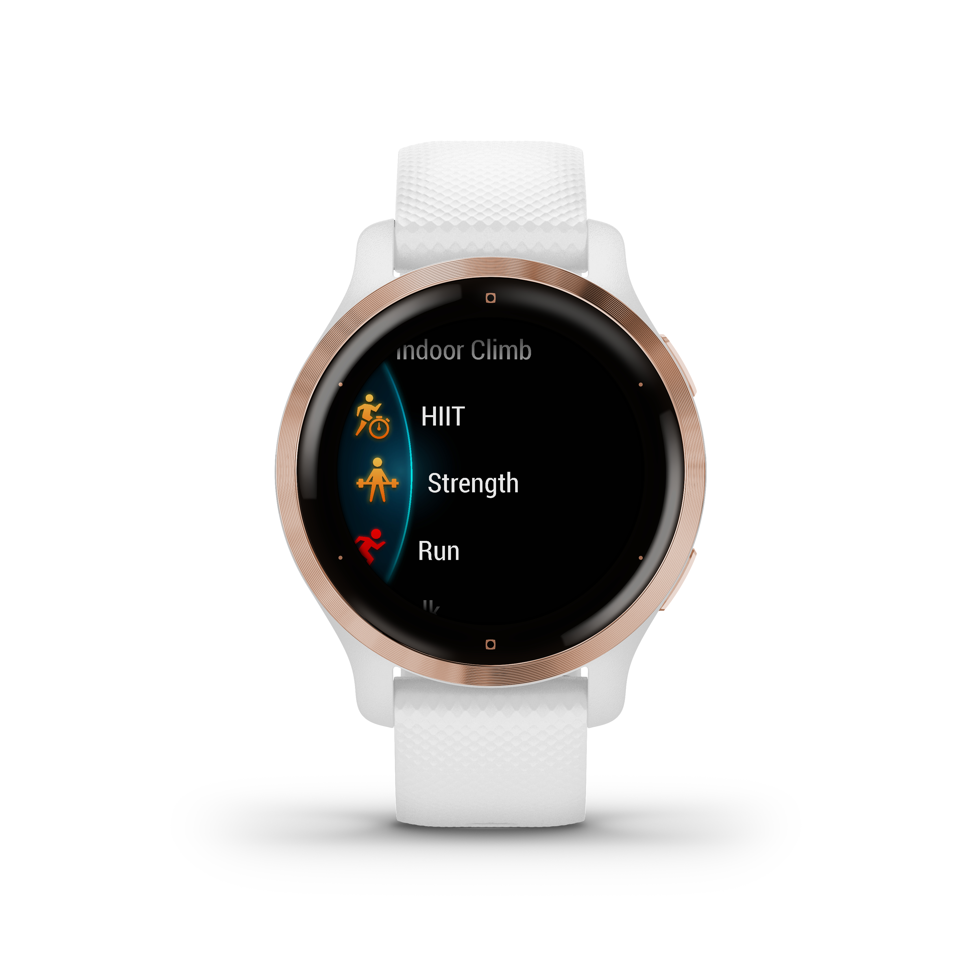 Weiße Smartwatch mit roségoldener Lünette. Der Bildschirm zeigt Trainingsoptionen: HIIT, Kraft, Laufen.