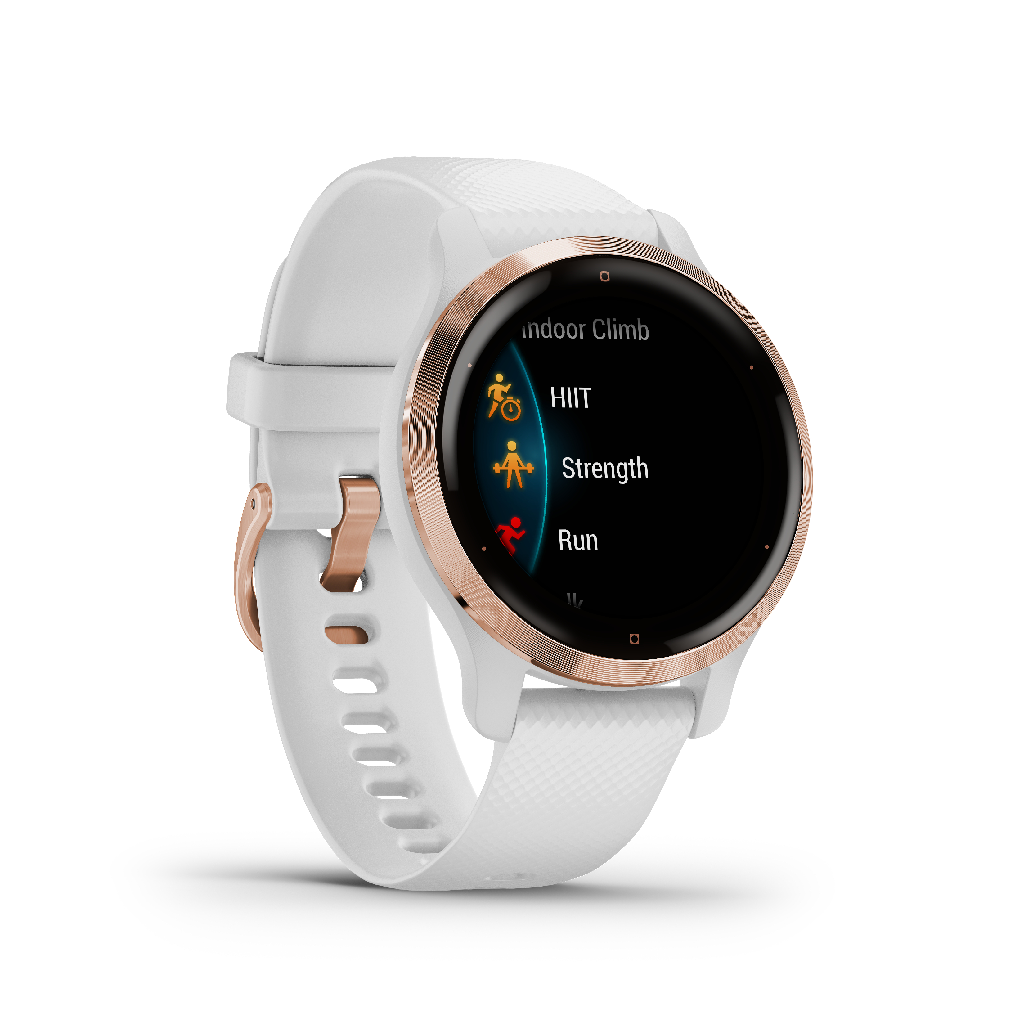 Weiße Smartwatch mit roségoldfarbener Lünette, die Trainingsoptionen anzeigt.