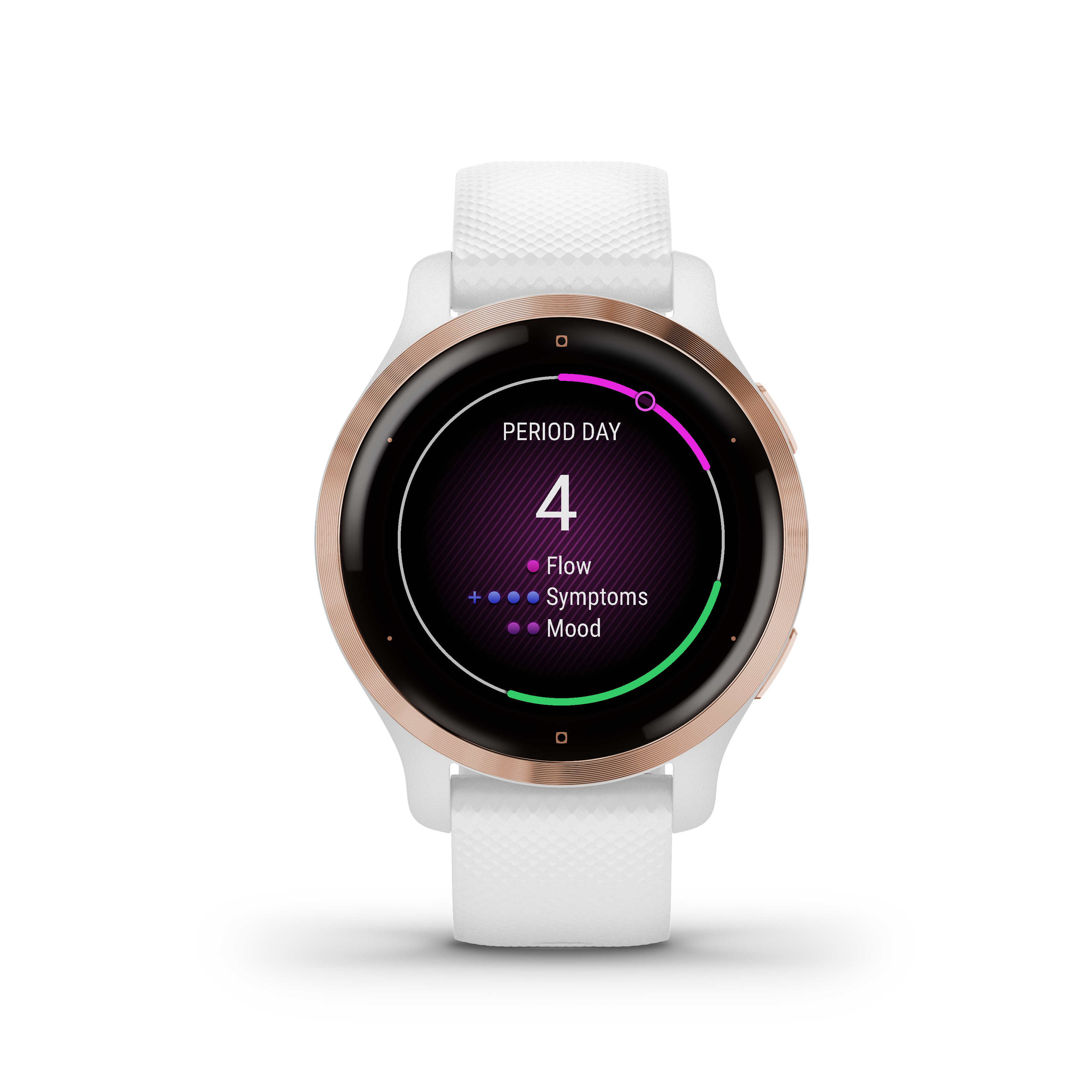 Eine weiße Smartwatch, die den Periodentag, den Fluss, die Symptome und die Stimmung auf einem gold-weißen Zifferblatt anzeigt.