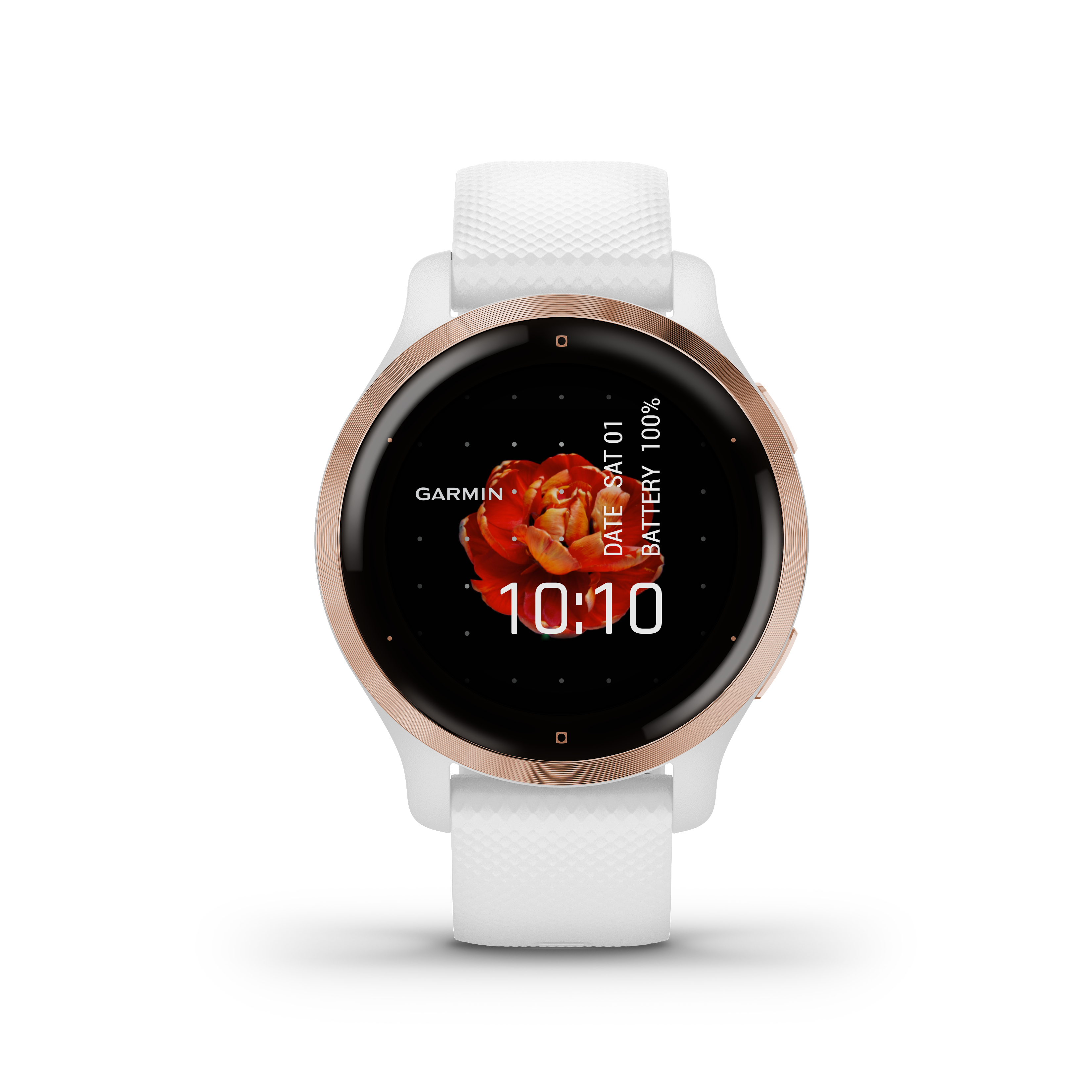 Eine Smartwatch mit roségoldener Lünette und weißem Armband. Der Bildschirm zeigt eine Rose und die Uhrzeit.