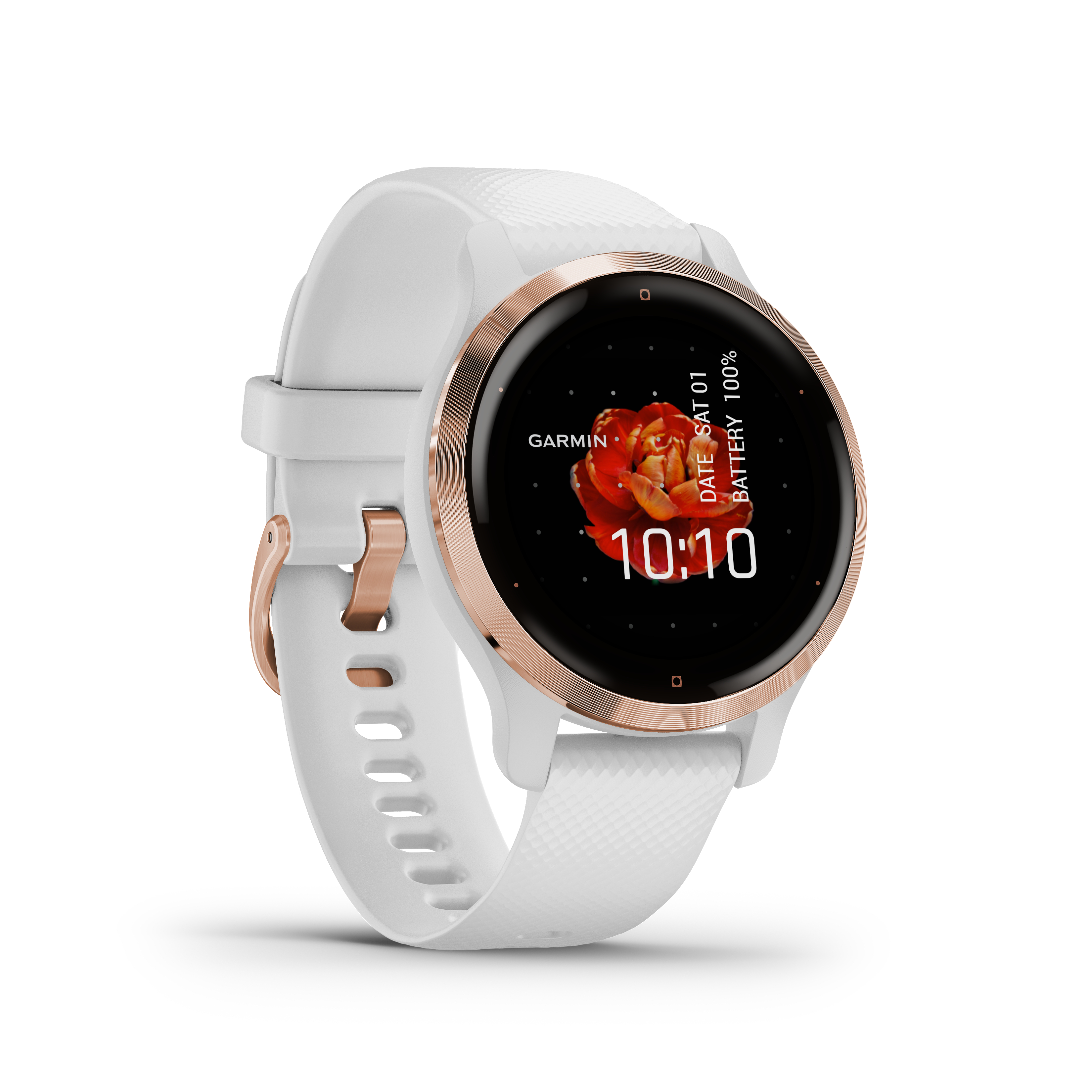 Eine weiße und roségoldene Garmin Smartwatch mit rundem Display, das die Uhrzeit und den Akkustand anzeigt.