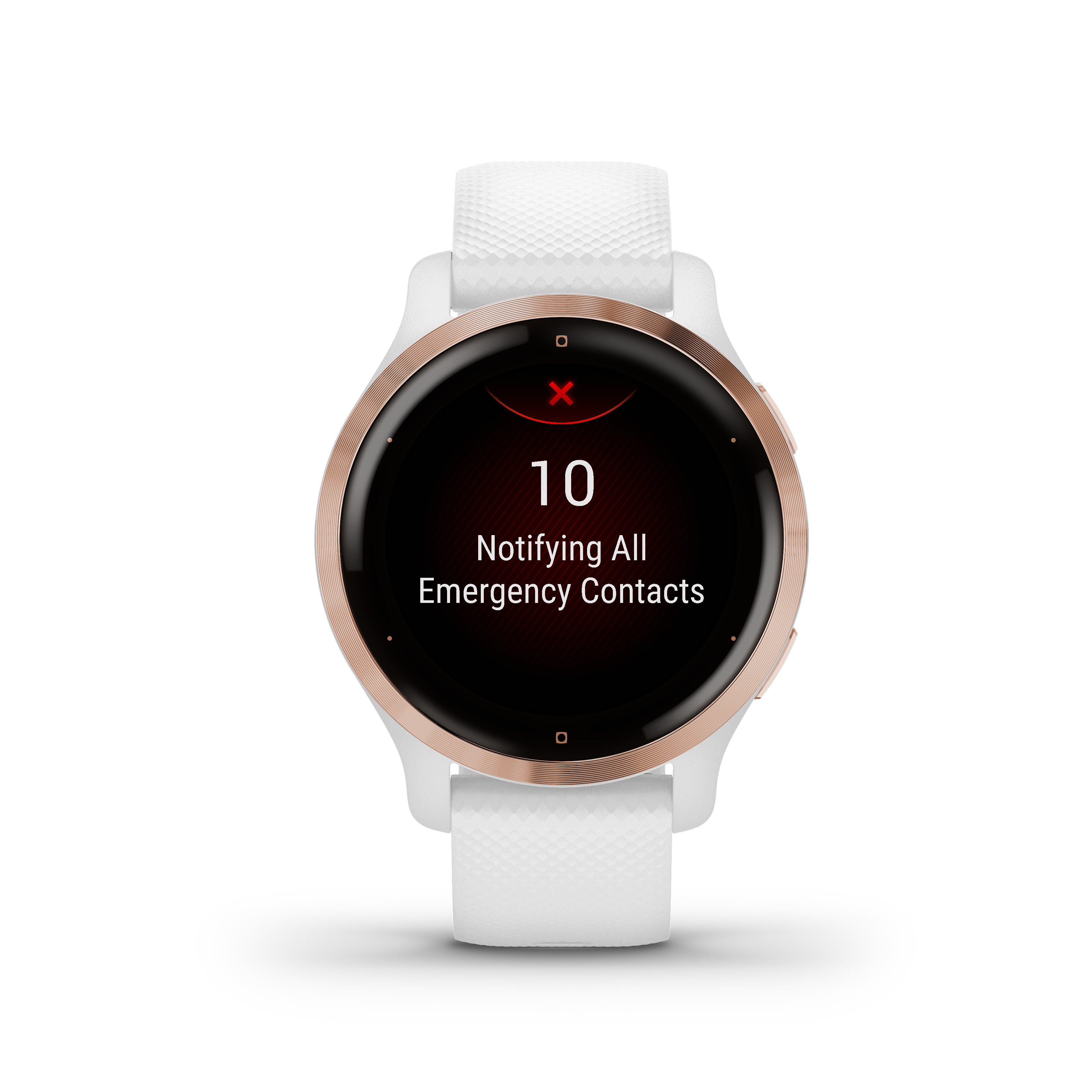 Smartwatch mit roter Benachrichtigung, die Kontakte anzeigt, und weißem Armband.