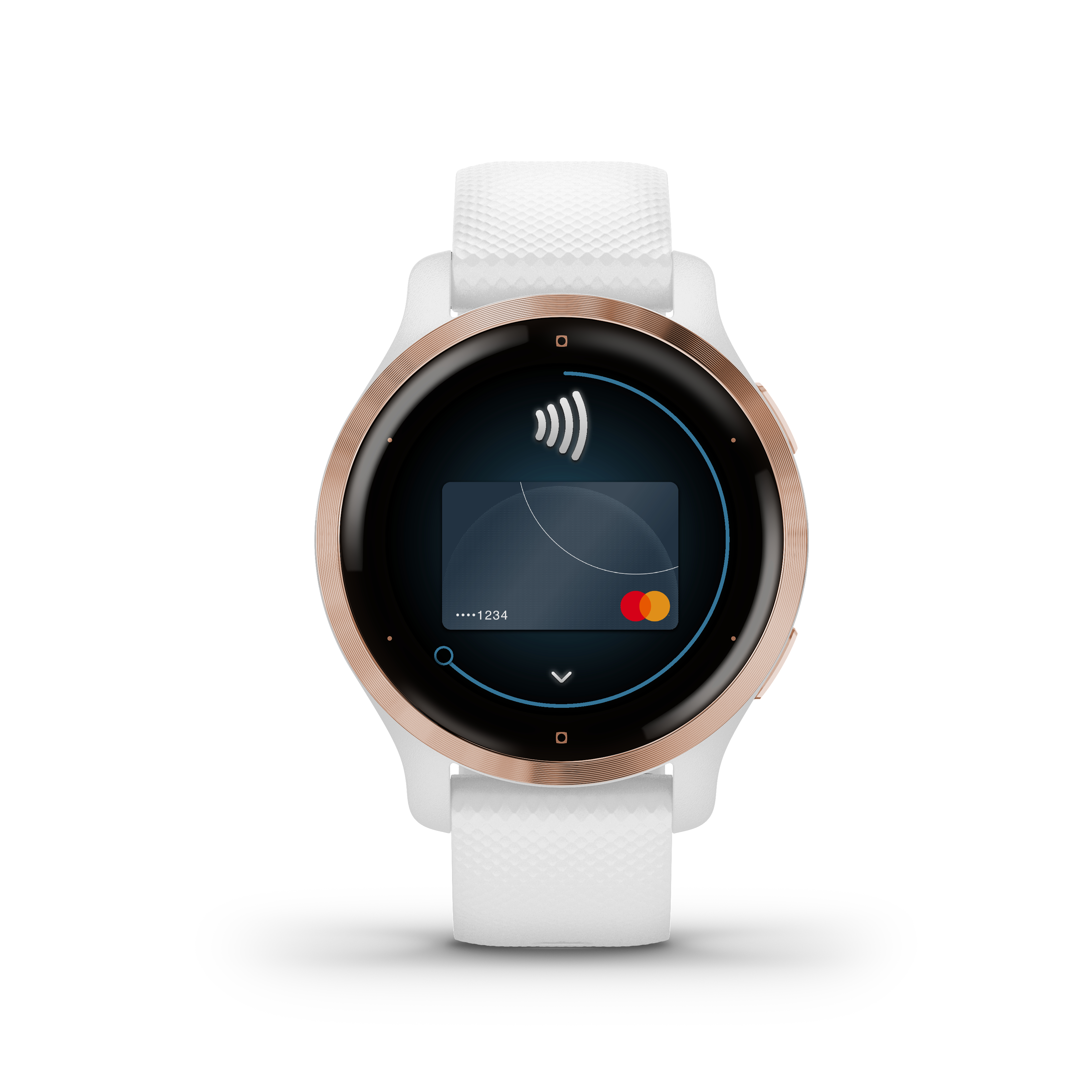 Weiße Smartwatch mit roségoldfarbener Lünette, die einen Zahlungsbildschirm mit Mastercard-Logo anzeigt.