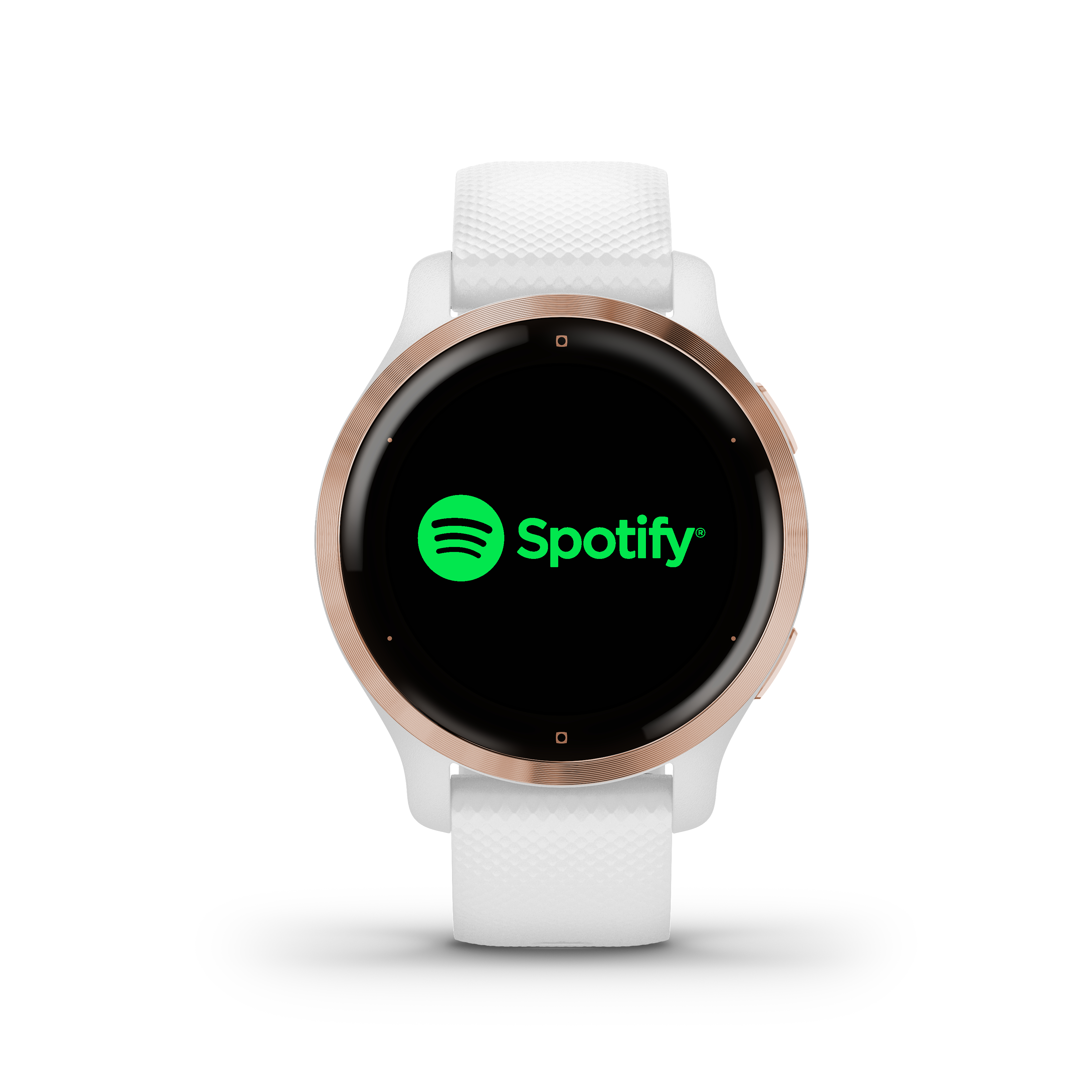 Eine weiße Smartwatch mit roségoldener Lünette zeigt das Spotify-Logo.