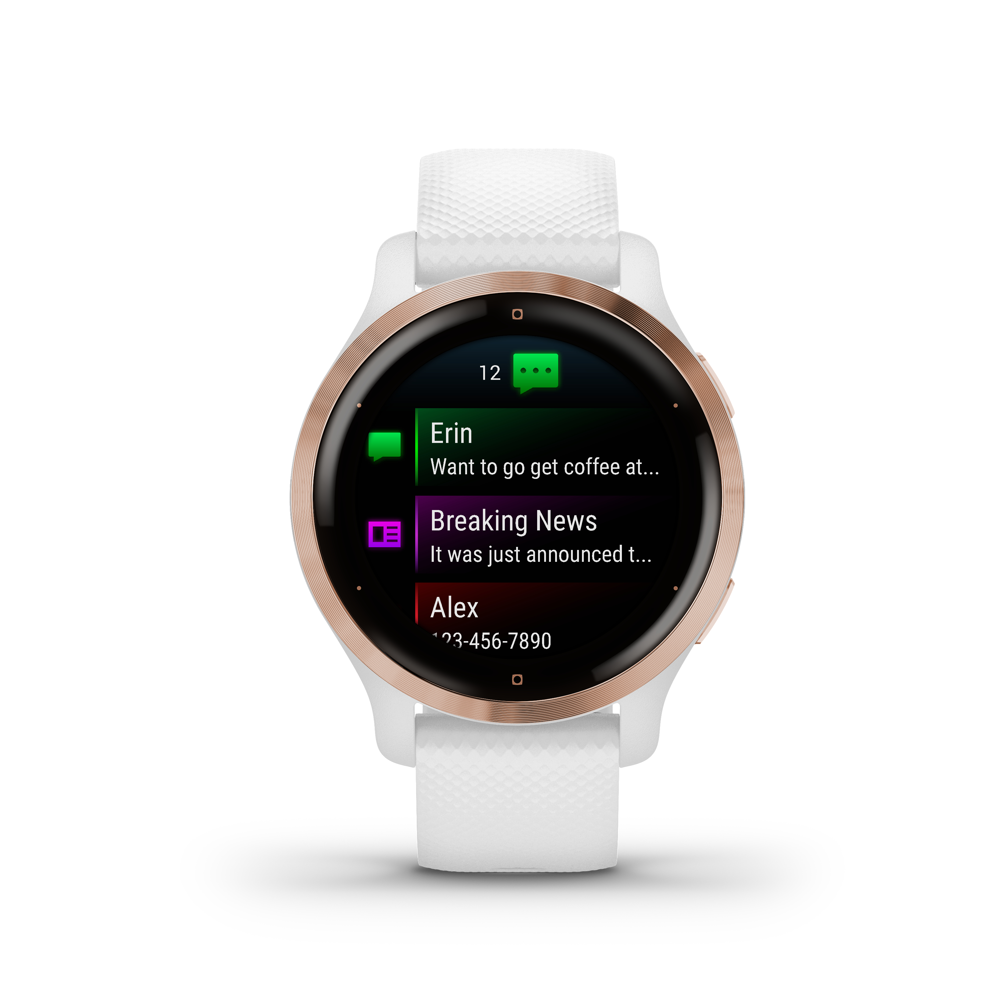 Weiße Smartwatch, die Nachrichten anzeigt. Zeigt Kontakte und Benachrichtigungen.
