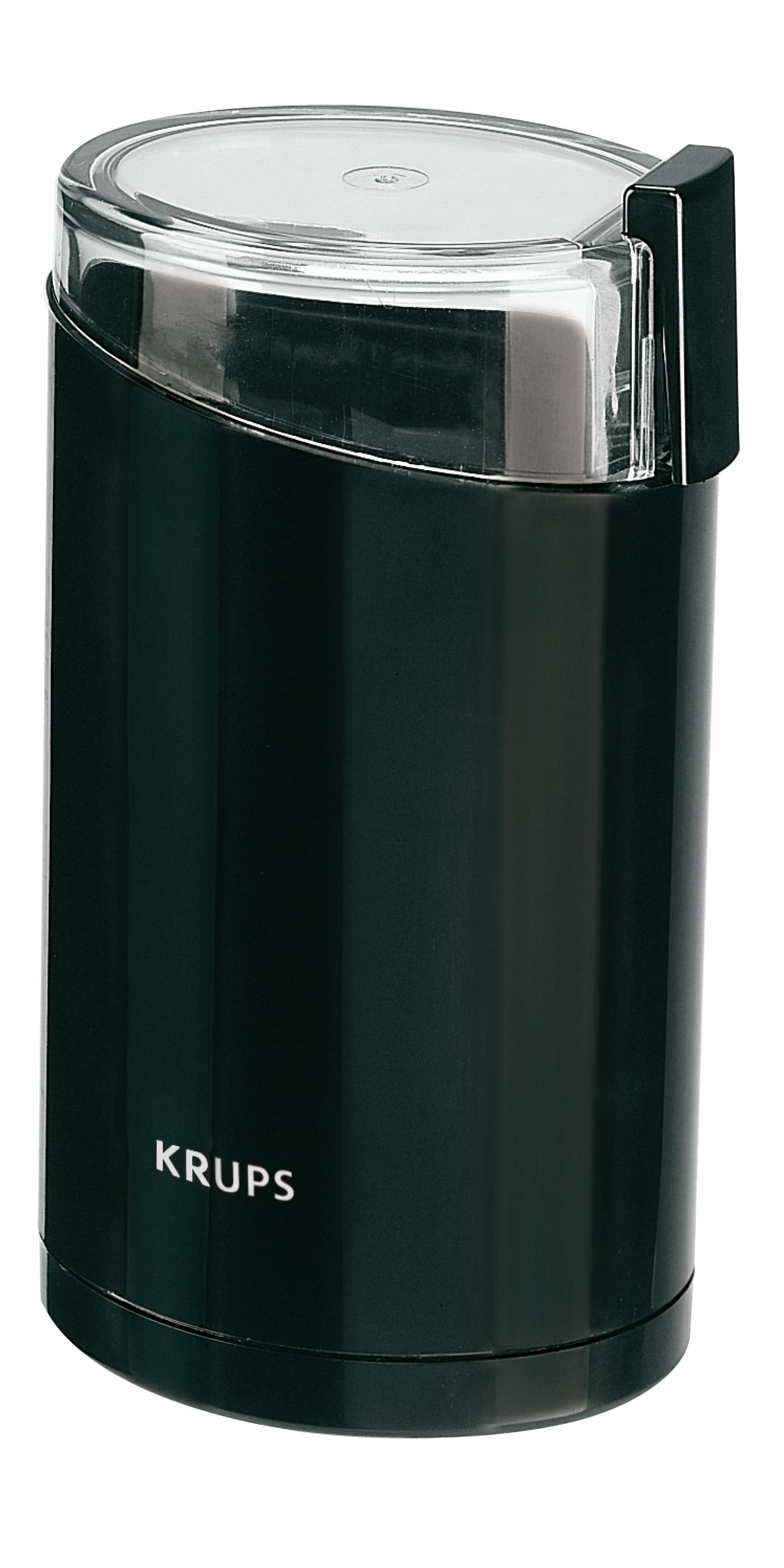 Eine schwarze Kaffeemühle mit durchsichtigem Deckel.