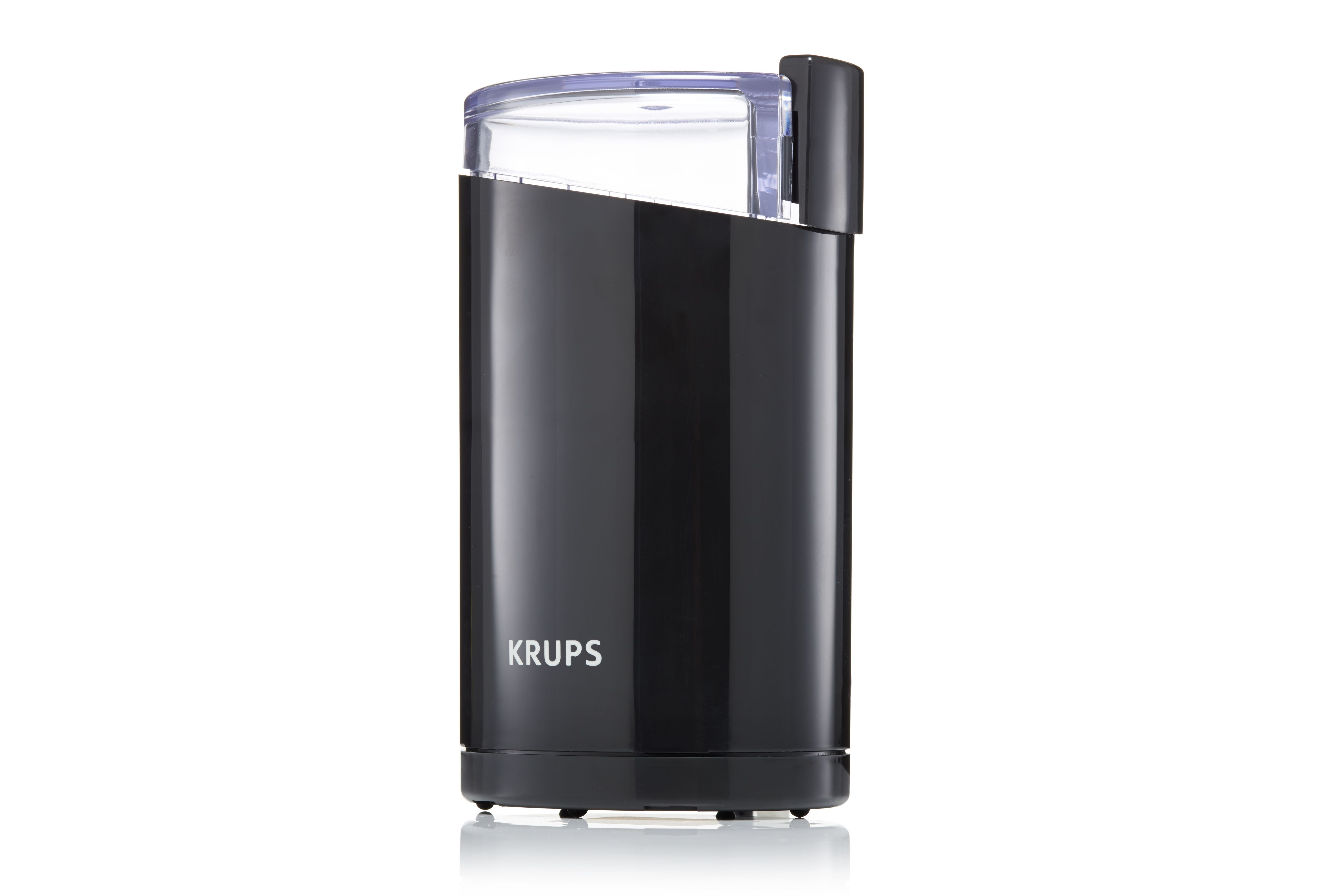Schwarze Krups Kaffeemühle mit transparentem Deckel.
