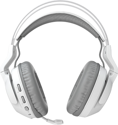Cuffie wireless bianche e grigie con microfono, vista dall'alto.