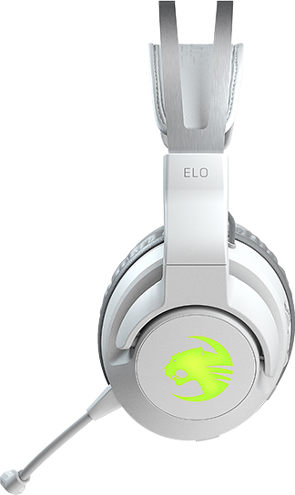 Cuffie da gioco bianche e argento con logo illuminato verde.