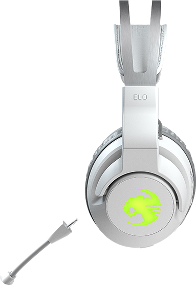 Cuffie da gioco Roccat ELO bianche e argentate con microfono staccabile, angolato a sinistra, sfondo bianco.