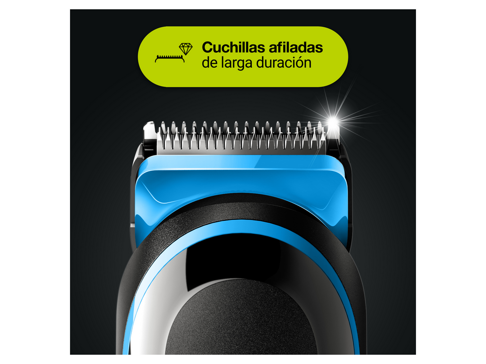 Primer plano de una recortadora azul y negra con cuchillas afiladas.