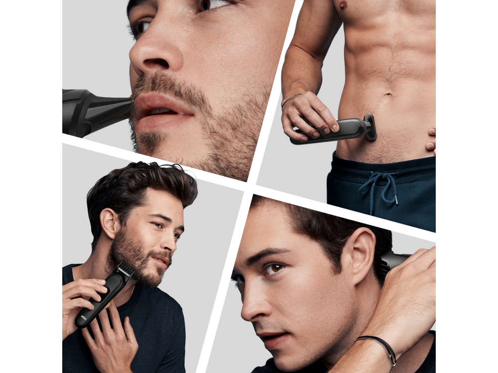 Cuatro imágenes de hombres recortando su vello facial y corporal.