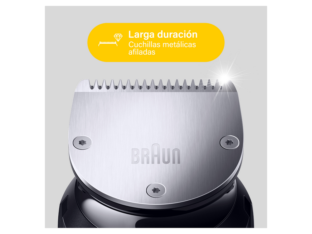 Primer plano de la cuchilla de un recortador Braun, con cuadro de texto.