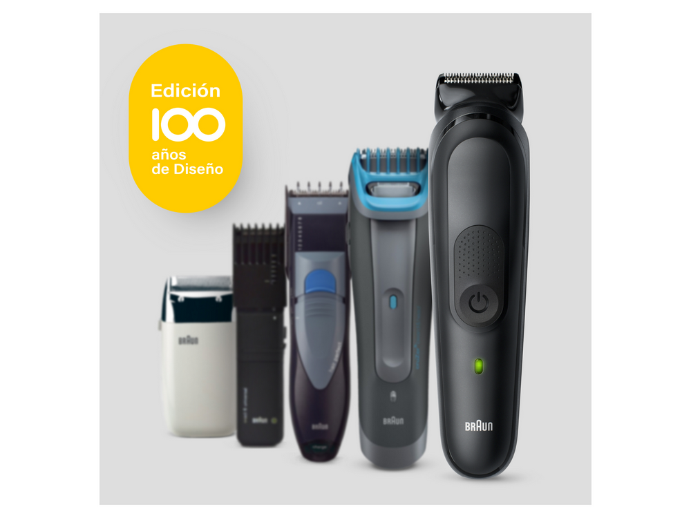 Varios productos de aseo Braun. Texto: Edición 100 años de Diseño (100 años de Diseño).