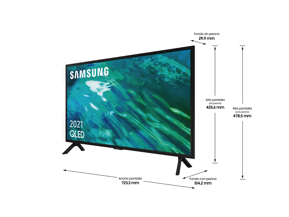 Un televisor Samsung 2021 QLED, marco negro, con dimensiones etiquetadas en la imagen.