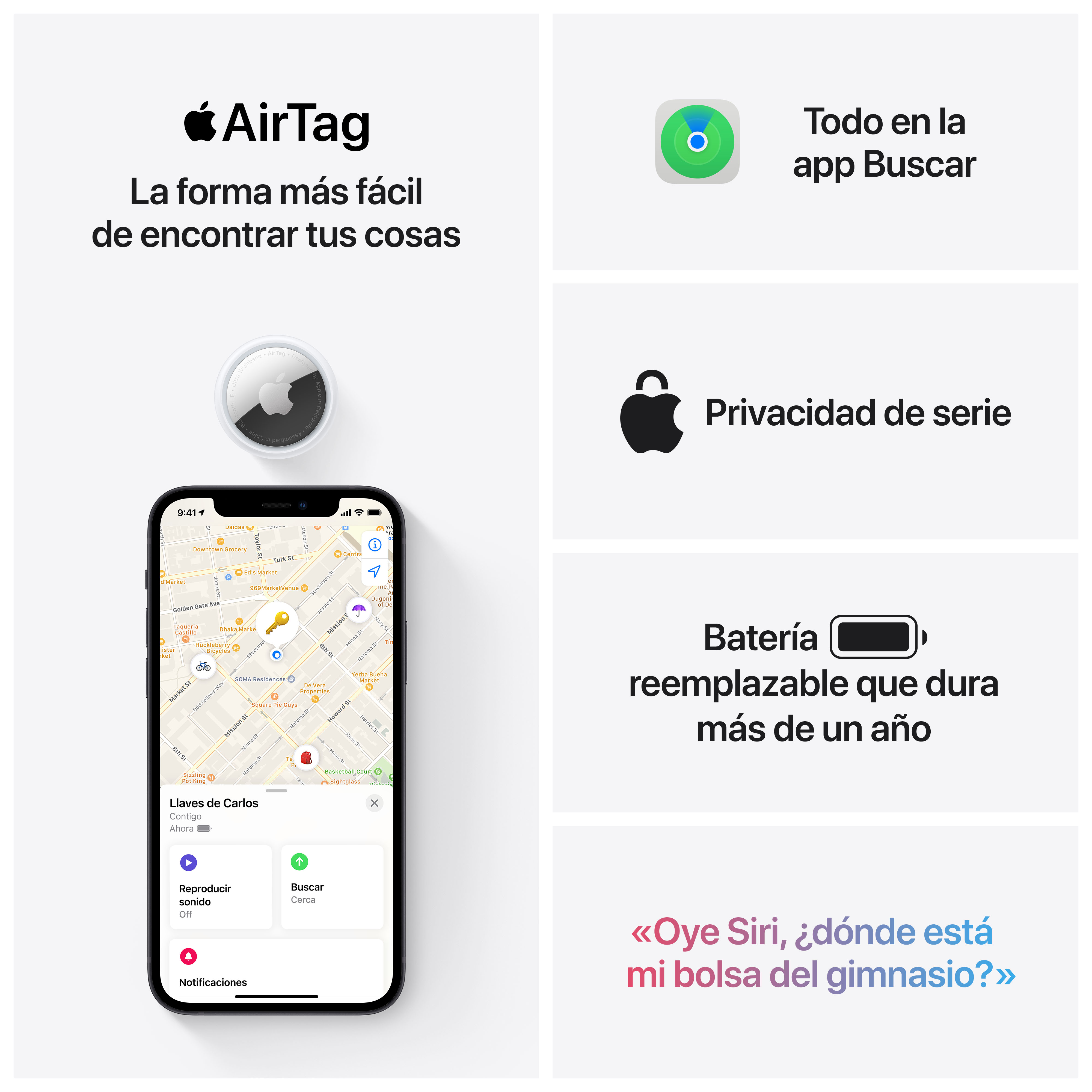 AirTag sobre un fondo blanco con iconos.