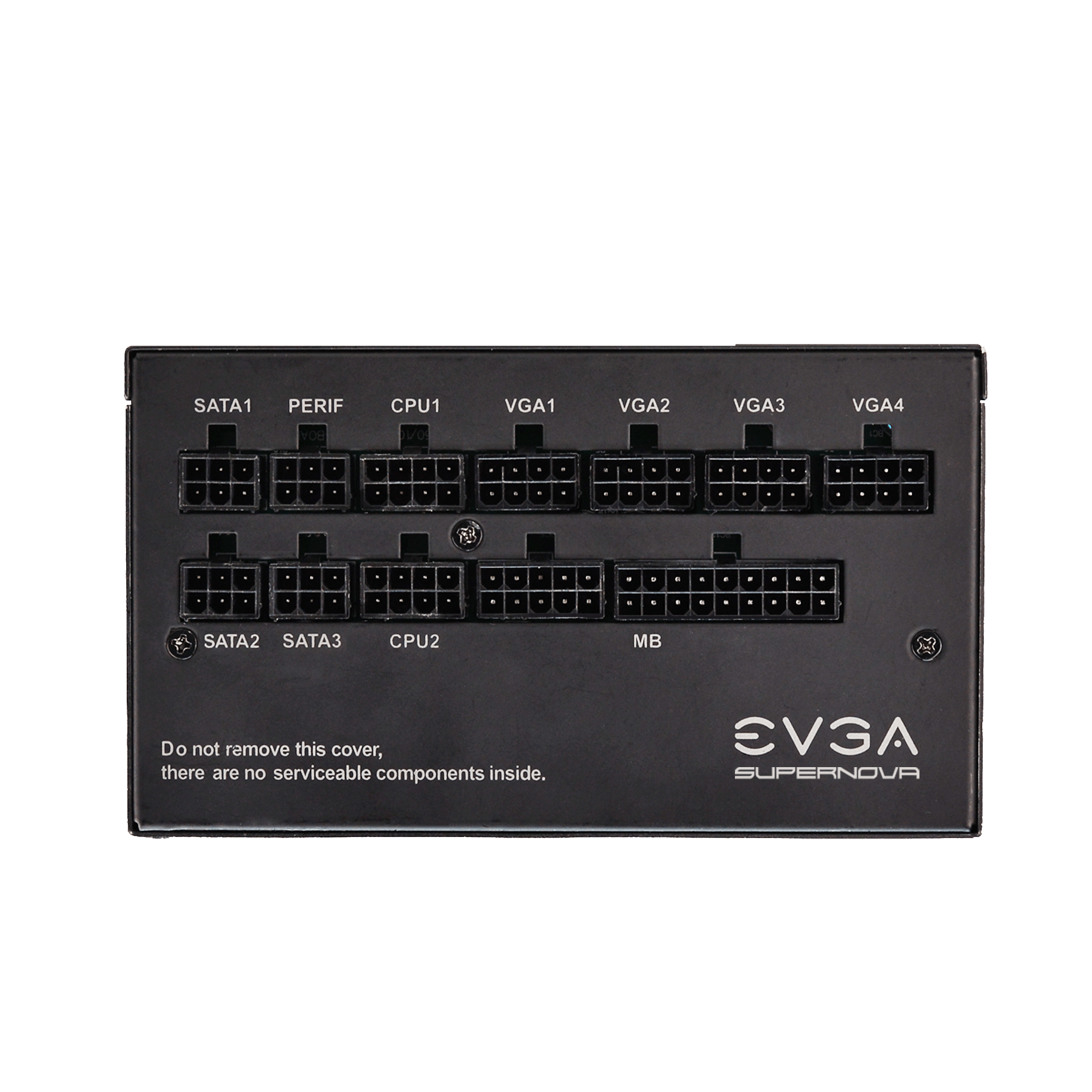 Schwarzes EVGA Supernova Netzteil. Anschlüsse sind sichtbar, mit Beschriftungen wie SATA und VGA.