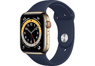 Apple Watch Series 6, GPS+CELL, 44 mm, Caja de Acero inoxidable en oro, Correa deportiva azul marino intenso 